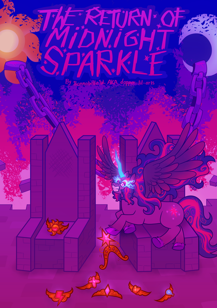 Size: 1280x1812 | Tagged: safe, artist:dapperlilarts, derpibooru import, twilight sparkle, twilight sparkle (alicorn), alicorn, fanfic, fanfic:the return of midnight sparkle, equestria girls, cover art, element of generosity, element of honesty, element of kindness, element of laughter, element of loyalty, element of magic, elements of harmony, fanfic art, fanfic cover, female, glow, glowing horn, horn, image, midnight sparkle, png, spread wings, text, throne, unshorn fetlocks, wings