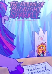 Size: 1280x1812 | Tagged: safe, artist:dapperlilarts, derpibooru import, sunset shimmer, twilight sparkle, unicorn, fanfic, fanfic:the return of midnight sparkle, g4, clothes, cover art, fanfic art, fanfic cover, female, horn, image, paper, png, text, throne, twilight's castle, unshorn fetlocks