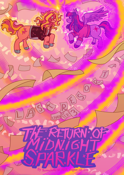 Size: 1280x1812 | Tagged: safe, artist:dapperlilarts, derpibooru import, sunset shimmer, twilight sparkle, twilight sparkle (alicorn), alicorn, unicorn, fanfic, fanfic:the return of midnight sparkle, g4, clothes, cover art, fanfic art, fanfic cover, female, glow, glowing horn, heart, horn, image, lesbian, paper, png, shipping, sunsetsparkle, sweater, text, unshorn fetlocks