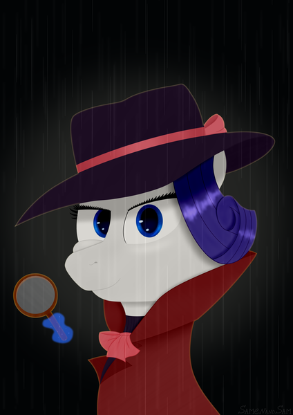 Size: 2480x3508 | Tagged: safe, artist:samenandsam, derpibooru import, rarity, pony, unicorn, g4, rarity investigates, bust, clothes, detective, detective rarity, female, gradient background, hat, high res, horn, image, looking at you, magic, magic aura, magnifying glass, mare, png, portrait, rain, smiling, solo, telekinesis