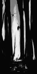 Size: 1005x2000 | Tagged: artist needed, safe, derpibooru import, bat pony, creepy, forest, grayscale, image, monochrome, nature, png, silhouette, tree, weapon