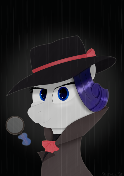 Size: 2480x3508 | Tagged: safe, alternate version, artist:samenandsam, derpibooru import, rarity, pony, unicorn, g4, rarity investigates, bust, clothes, detective, detective rarity, female, gradient background, hat, high res, horn, image, looking at you, magic, magic aura, magnifying glass, mare, partial color, png, portrait, rain, smiling, solo, telekinesis