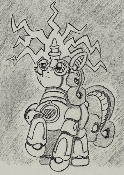 Size: 723x1019 | Tagged: safe, artist:grimmyweirdy, derpibooru import, sweetie belle, pony, robot, robot pony, fanfic, fanfic:sweetie - the magical little bot, g4, electricity, fanfic art, fanfic cover, female, image, jpeg, monochrome, sweetie bot, traditional art