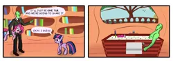 Size: 1920x677 | Tagged: safe, artist:anonymous, derpibooru import, pinkie pie, twilight sparkle, oc, oc:anon, earth pony, pony, unicorn, g4, 2 panel comic, bathing in food, bathtub, bookshelf, comic, crossed hooves, dialogue, drawthread, female, food, grin, holding a pony, horn, ice cream, image, mare, png, requested art, smiling, snorkel, snorkeling, spoon, tap, unicorn twilight, window, worried