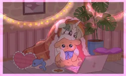 Size: 7790x4713 | Tagged: safe, artist:olivi, derpibooru import, oc, pony, unicorn, comfy, commission, computer, dim light, flower, garland, horn, image, laptop computer, pillow, plant, plushie, png, solo, teddy bear, ych result