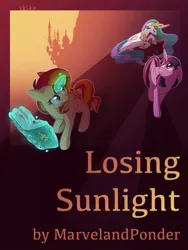 Size: 768x1024 | Tagged: safe, artist:kiki-kit, derpibooru import, editor:amber spark, princess celestia, sunset shimmer, twilight sparkle, twilight sparkle (alicorn), alicorn, unicorn, g4, book, canterlot, cover art, female, glow, glowing horn, horn, image, journey book, jpeg, levitation, magic, sunset's journal, telekinesis, text