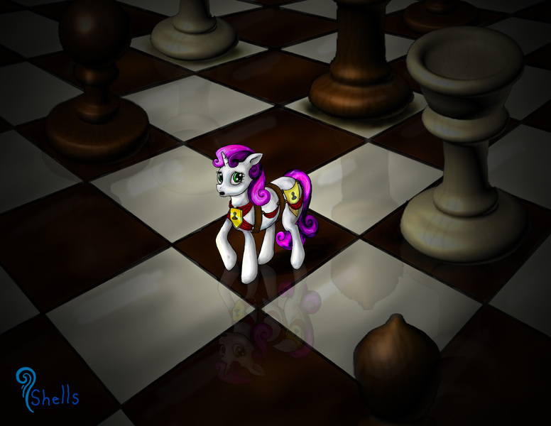 Size: 3300x2550 | Tagged: safe, artist:shells124, derpibooru import, sweetie belle, unicorn, fanfic, fanfic:dusk's dangerous game, g4, chess, chess piece, chessboard, fanfic art, fanfic cover, horn, image, jpeg, watermark