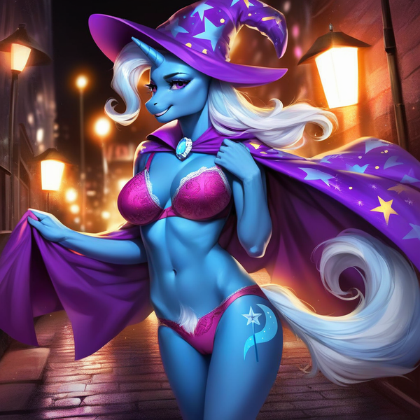 Size: 1024x1024 | Tagged: questionable, ai content, derpibooru import, machine learning generated, prompter:clopai4u, stable diffusion, trixie, anthro, pony, unicorn, g4, belly, belly button, bra, breasts, busty trixie, cape, clothes, female, hat, horn, image, lamppost, looking at you, mare, night, panties, png, pubic hair, pubic hair slip, smiling, smiling at you, solo, street, trixie's cape, trixie's hat, underwear