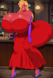 Size: 800x1169 | Tagged: suggestive, machine learning generated, prompter:tiamatnightmare, big macintosh, human, equestria girls, breasts, busty macareina, humanized, image, jpeg, macareina, red dress, red skin, rule 63