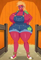 Size: 800x1169 | Tagged: suggestive, machine learning generated, prompter:tiamatnightmare, big macintosh, human, equestria girls, breasts, busty macareina, clothes, humanized, image, jpeg, macareina, overalls, red skin, rule 63