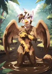 Size: 4608x6464 | Tagged: suggestive, ai content, derpibooru import, machine learning generated, prompter:pzkratzer, gilda, anthro, gryphon, g4, absurd file size, absurd resolution, angry, belly, belly button, covered in mud, covering, covering breasts, covering crotch, embarrassed, embarrassed nude exposure, image, mud, nudity, png, solo, swamp