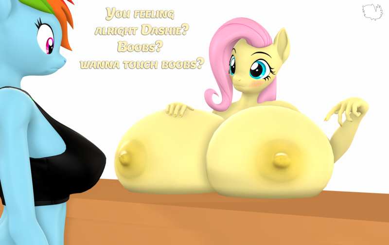 Size: 3426x2160 | Tagged: questionable, artist:marshmallow-pone, derpibooru import, fluttershy, rainbow dash, anthro, 3d, areola, big areola, big breasts, big nipples, blushing, boobs? wanna touch boobs?, breasts, busty fluttershy, busty rainbow dash, female, flutterdash, huge breasts, image, impossibly large breasts, lesbian, meme, nipples, nudity, png, shipping, source filmmaker