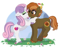 Size: 7480x6155 | Tagged: safe, artist:liv-and-b-merry, derpibooru import, button mash, sweetie belle, earth pony, pony, unicorn, absurd resolution, blushing, cloven hooves, colt, eyeshadow, female, filly, flower, foal, grass, hat, horn, hug, image, kiss on the cheek, kissing, makeup, male, png, propeller hat, ship:sweetiemash, shipping, simple background, straight, transparent background