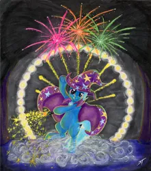 Size: 9899x11214 | Tagged: safe, artist:trance-wave, derpibooru import, trixie, pony, unicorn, g4, bipedal, female, fireworks, horn, image, jpeg, mare, smoke, solo, sparkler (firework), stage, traditional art, underhoof