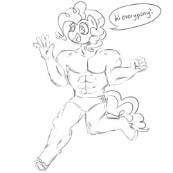 Size: 1920x1920 | Tagged: safe, artist:_butterscotch, derpibooru import, pinkie pie, anthro, earth pony, unguligrade anthro, g4, buff, cursed image, dialogue, image, monochrome, muscles, png, sketch, speech bubble