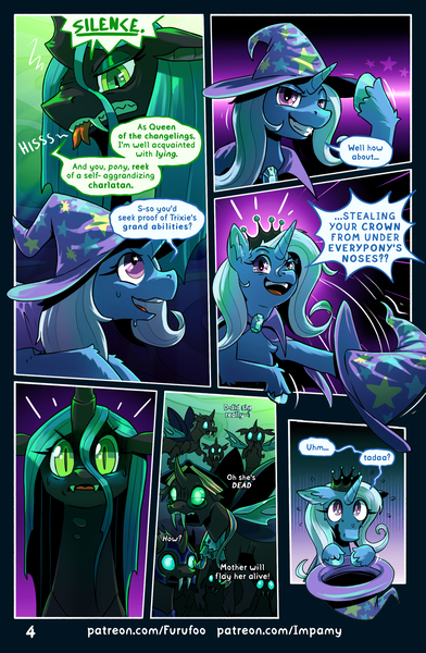 Size: 1004x1535 | Tagged: safe, artist:furufoo, artist:impamy, derpibooru import, queen chrysalis, trixie, changeling, pony, unicorn, comic:change of heart (furufoo), g4, cape, clothes, cloven hooves, comic, crowd, crown, eyeshadow, fangs, female, feral, green eyes, hat, horn, image, jewelry, magic, makeup, png, regalia, swarm, witch hat