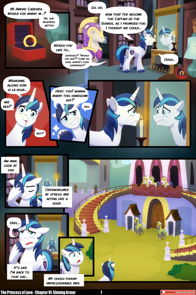 Size: 3540x5310 | Tagged: safe, artist:lummh, artist:whitequartztheartist, derpibooru import, shining armor, pegasus, pony, unicorn, comic:the princess of love, g4, absurd resolution, armor, canterlot, comic, engagement ring, horn, image, male, mirror, png, royal guard, royal guard armor, speech bubble, stallion