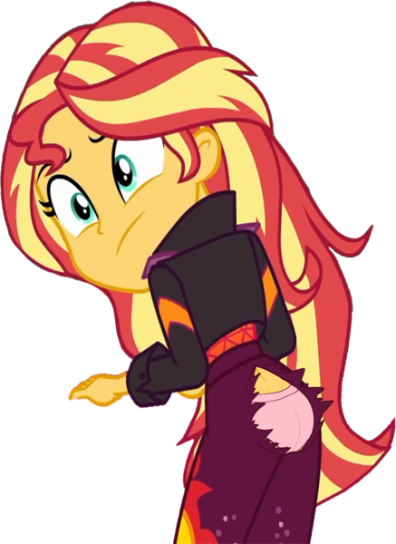 Size: 1834x2520 | Tagged: suggestive, artist:maverick074, derpibooru import, edit, edited screencap, screencap, sunset shimmer, human, equestria girls, g4, ass, bunset shimmer, butt, clothes, embarrassed, embarrassed underwear exposure, humanized, image, jeans, panties, pants, png, ripped jeans, ripped pants, solo, torn clothes, underwear, wardrobe malfunction