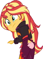 Size: 1834x2520 | Tagged: suggestive, artist:maverick074, derpibooru import, edit, edited screencap, screencap, sunset shimmer, human, equestria girls, g4, ass, bunset shimmer, butt, clothes, embarrassed, embarrassed underwear exposure, humanized, image, jeans, panties, pants, png, ripped jeans, ripped pants, solo, torn clothes, underwear, wardrobe malfunction