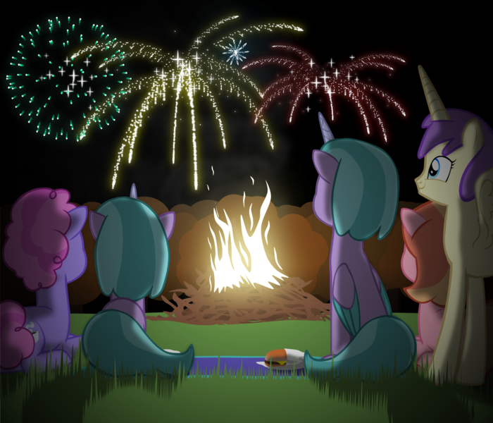 Size: 1537x1317 | Tagged: safe, artist:equestriaexploration, derpibooru import, alula, pluto, princess erroria, alicorn, earth pony, pony, g4, g5, 4chan, female, fire, fireworks, image, lying down, mare, outdoors, periwinkle pi, png, prone, shiny sparks, strawberry blonde, sugarpuff lilac