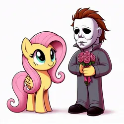 Size: 1024x1024 | Tagged: safe, ai content, derpibooru import, machine learning generated, prompter:bluey2309, fluttershy, g4, flower, halloween (movie), image, jpeg, michael myers, simple background, white background