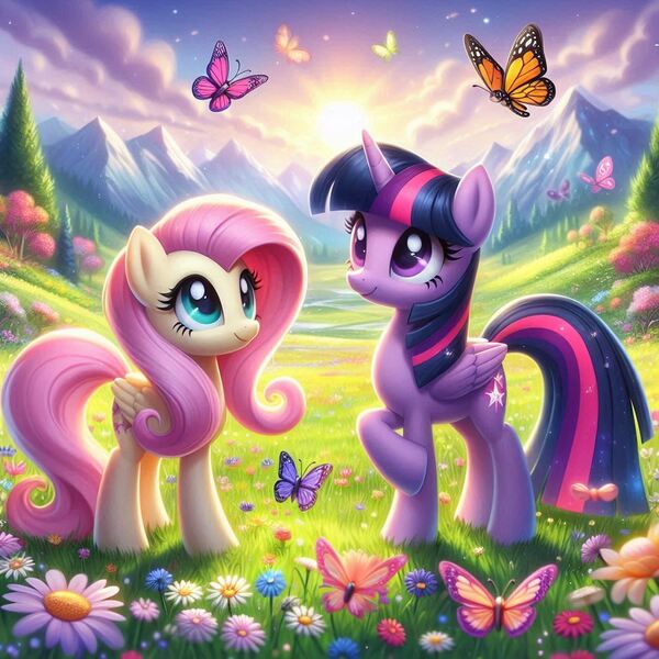 Size: 1024x1024 | Tagged: safe, ai content, derpibooru import, machine learning generated, prompter:bluey2309, fluttershy, twilight sparkle, twilight sparkle (alicorn), alicorn, butterfly, insect, pegasus, g4, flower, image, jpeg, mountain, nature, outdoors, tree