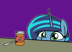 Size: 2048x1503 | Tagged: safe, artist:ewoudcponies, derpibooru import, pony, unicorn, g5, butter knife, female, food, horn, image, jar, knife, looking at something, mare, misty brightdawn, outline, peanut butter, peanut butter jar, png, purple background, simple background, solo, white outline