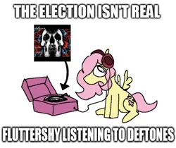 Size: 817x685 | Tagged: safe, artist:punkittdev, derpibooru import, fluttershy, pegasus, pony, g4, deftones, female, headphones, image, impact font, looking back, mare, png, record, record player, sitting, solo, spread wings, text, wings