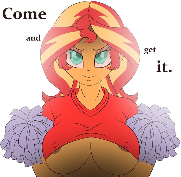 Size: 4096x4014 | Tagged: questionable, artist:gelians, ponerpics import, sunset shimmer, equestria girls, breasts, clothes, dialogue, female, image, jpeg, looking at you, nipples, nudity, shirt, solo, solo female