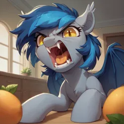 Size: 3200x3200 | Tagged: safe, ai content, derpibooru import, generator:autismmixpony, machine learning generated, prompter:derp621, oc, oc:echo, unofficial characters only, bat pony, fangs, food, image, indoors, jpeg, mango, maw, mawshot, open mouth, salivating, slit pupils, solo