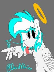 Size: 1200x1600 | Tagged: safe, artist:david_bal'air, derpibooru import, oc, oc:known pony, pegasus, angel, chest fluff, halo, image, jpeg, pointing, spread wings, tongue out, wings