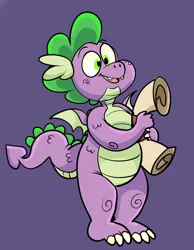 Size: 827x1066 | Tagged: safe, artist:beastofeuthanasia, derpibooru import, spike, dragon, fangs, image, jpeg, male, open mouth, open smile, purple background, scroll, simple background, smiling, solo, winged spike, wings