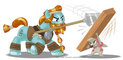 Size: 1276x626 | Tagged: safe, artist:aleximusprime, derpibooru import, rockhoof, pony, timburr, g4, commission, duo, image, male, motion lines, mouth hold, plank, png, pokémon, raised hoof, rockhoof's shovel, shovel, simple background, sparring, stallion, transparent background, wood