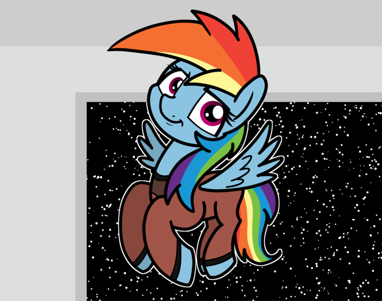 Size: 2048x1614 | Tagged: safe, artist:ewoudcponies, derpibooru import, rainbow dash, pegasus, pony, g4, clothes, flying, image, looking at you, png, smiling, smiling at you, solo, space, spaceship, spread wings, uniform, wings