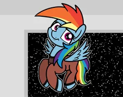 Size: 2048x1614 | Tagged: safe, artist:ewoudcponies, derpibooru import, rainbow dash, pegasus, pony, g4, clothes, flying, image, looking at you, png, smiling, smiling at you, solo, space, spaceship, spread wings, uniform, wings