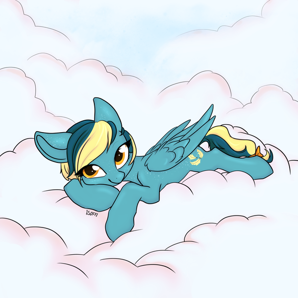 Size: 1843x1843 | Tagged: safe, artist:soff, derpibooru import, oc, oc:dusty feather, unofficial characters only, pegasus, pony, cloud, female, folded wings, image, looking at you, lying down, mare, on a cloud, orange eyes, pegasus oc, png, solo, solo female, wings