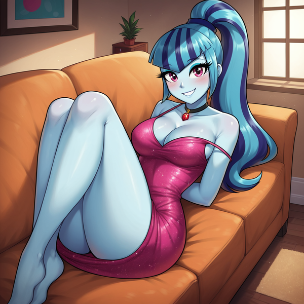 Size: 1536x1536 | Tagged: questionable, ai content, derpibooru import, machine learning generated, prompter:funnyglow144, stable diffusion, sonata dusk, human, equestria girls, g4, arm behind back, ass, bedroom eyes, big breasts, blushing, breasts, busty sonata dusk, butt, clothes, couch, crossed legs, dress, female, generator:pony diffusion v6 xl, grin, image, indoors, living room, looking at you, looking back, looking back at you, lying down, on back, on couch, png, purple dress, schrödinger's pantsu, sexy, smiling, solo, solo female, thighs, window