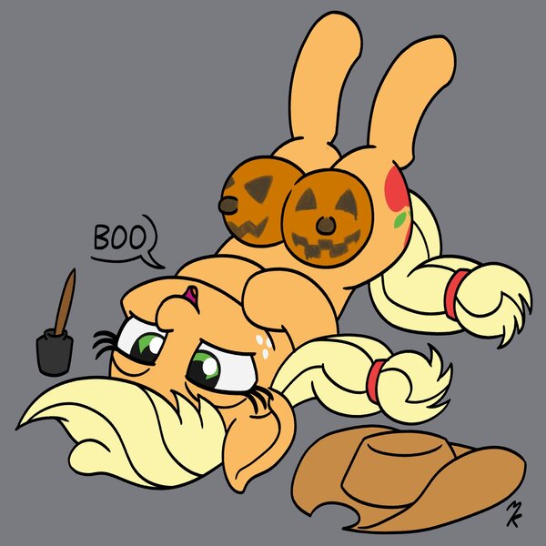 Size: 1500x1500 | Tagged: questionable, artist:mkogwheel, derpibooru import, applejack, earth pony, pony, g4, applejack's hat, big crotchboobs, body painting, bodypaint, boo, cowboy hat, crotchboobs, eyelashes, female, funny porn, gray background, hairtie, halloween, hat, hat off, holiday, hooves up, image, inkwell, jack-o-lantern, jpeg, lying down, mare, nipples, nudity, on back, open mouth, paintbrush, pumpkin, signature, simple background, smug, solo, solo female, speech bubble