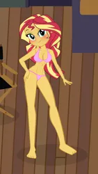 Size: 2466x4362 | Tagged: suggestive, sunset shimmer, equestria girls, backstage, barefoot, blushing, bra, clothes, feet, female, full body, hand on hip, image, looking at you, panties, pink underwear, png, posing for photo, solo, solo female, underwear