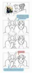 Size: 1840x4096 | Tagged: safe, artist:opalacorn, derpibooru import, oc, oc:frost bite, oc:void, unofficial characters only, deer, deer pony, hybrid, original species, pegasus, pony, comic, dialogue, duo, duo male and female, eating, elf (movie), female, food, grayscale, hair bun, image, jpeg, laurel wreath, male, mare, mole, monochrome, nose piercing, nose ring, partial color, piercing, popcorn, simple background, speech bubble, sweat, sweatdrop, television, white background