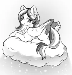 Size: 2400x2506 | Tagged: safe, artist:opalacorn, derpibooru import, oc, oc:frozen fractal, unofficial characters only, pegasus, pony, black and white, bow, cloud, female, grayscale, hair bow, image, jpeg, looking at you, looking back, looking back at you, lying down, lying on a cloud, mare, monochrome, on a cloud, prone, snow, snowfall, solo, tail, tail bow