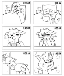 Size: 1602x1889 | Tagged: safe, artist:opalacorn, derpibooru import, oc, oc:selena (reddthebat), unofficial characters only, bat pony, pony, bat pony oc, bat wings, bed, black and white, comic, commission, cup, drink, drinking, food, freckles, grayscale, image, jpeg, monochrome, no dialogue, on bed, shower, simple background, solo, tea, teacup, towel, towel on head, white background, wings