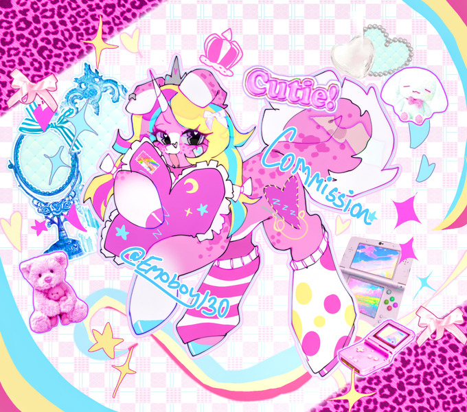 Size: 2000x1764 | Tagged: safe, artist:emoboy130, derpibooru import, oc, oc:minkly twinkly, unofficial characters only, dog, dog pony, original species, rabbit, unicorn, 3ds, animal, blue text, bow, bridge piercing, bushy tail, checkered background, cinnamoroll, clothes, coat markings, collage, colored belly, colored eartips, colored hooves, colored horn, colorful, commission, crescent moon, crown, dog ears, dog tail, ear markings, ear piercing, earring, eye clipping through hair, eyelashes, facial markings, fairy kei, floating crown, floating heart, game boy, game boy advance, gradient legs, gray eyes, hair accessory, hair bow, heart, heart eyes, heart mark, holding, hooves, horn, image, jewelry, jpeg, leg warmers, lip piercing, long horn, long mane, mane accessory, mirror, mismatched hooves, mismatched leg warmers, moon, multicolored hooves, open mouth, open smile, outline, pale belly, piercing, pillow, pink coat, pink text, plushie, ponysona, rainbow, raised hoof, regalia, sanrio, shiny hooves, shiny mane, signature, smiling, snake bites, snip (coat marking), socks (coat marking), solo, sparkles, star mark, stars, tail, tail markings, teddy bear, three quarter view, three toned ears, three toned mane, two toned horn, unicorn horn, unicorn oc, video game console, white bow, wingding eyes