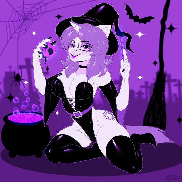 Size: 1920x1920 | Tagged: suggestive, artist:artiskarushi, ponerpics import, oc, oc:solaria, unofficial characters only, anthro, absolute cleavage, breasts, cauldron, cleavage, clothes, detached sleeves, female, glasses, hat, high-cut clothing, image, kneeling, latex, latex socks, leotard, night, open mouth, png, socks, solo, solo female, thong leotard, witch costume, witch hat