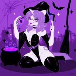 Size: 1920x1920 | Tagged: suggestive, artist:artiskarushi, ponerpics import, oc, oc:solaria, unofficial characters only, anthro, absolute cleavage, breasts, cauldron, cleavage, clothes, detached sleeves, female, glasses, hat, high-cut clothing, image, kneeling, latex, latex socks, leotard, night, open mouth, png, socks, solo, solo female, thong leotard, witch costume, witch hat