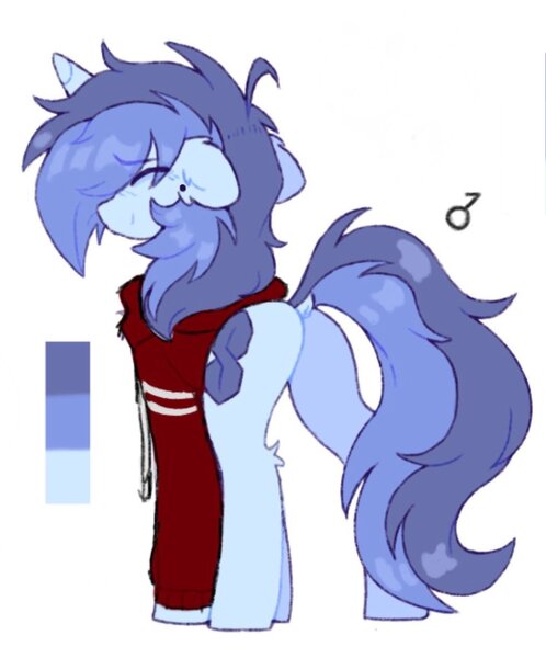 Size: 1013x1221 | Tagged: safe, artist:flixanoa, derpibooru import, oc, oc:fef, unofficial characters only, unicorn, ahoge, bags under eyes, blue coat, blush lines, blushing, clothes, color palette, demiboy, demiboy symbol, dock, ear fluff, ear piercing, earring, eye clipping through hair, eyebrows, eyebrows visible through hair, eyes closed, floppy ears, fluffy mane, fluffy tail, gauges, hock fluff, hoodie, horn, image, jewelry, jpeg, light blue coat, long mane male, long tail, piercing, ponysona, profile, rear view, red hoodie, reference sheet, shaggy mane, shiny mane, shiny tail, simple background, smiling, standing, tail, two toned mane, two toned tail, unicorn oc, white background