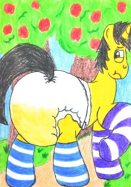 Size: 2038x2896 | Tagged: questionable, alternate version, artist:bitter sweetness, derpibooru import, oc, oc:bitter sweetness, unofficial characters only, pony, unicorn, abdl, adult foal, blue sky, clothes, diaper, diaper butt, diaper fetish, dirt road, fetish, horn, image, jpeg, non-baby in diaper, pissing, poofy diaper, socks, solo, striped socks, traditional art, tree, urine, wet diaper, wetting, wetting diaper