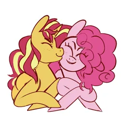 Size: 600x600 | Tagged: safe, artist:lapis, color edit, derpibooru import, edit, pinkie pie, sunset shimmer, blush lines, blushing, colored, cute, eyes closed, female, happy, image, kiss on the cheek, kissing, lesbian, png, ship:sunsetpie, shipping, simple background, sunsetpie, white background