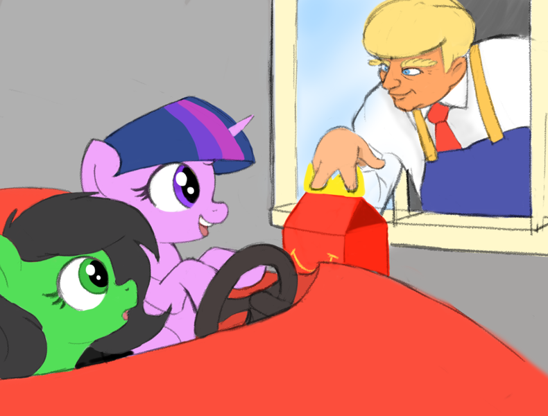 Size: 1127x856 | Tagged: safe, derpibooru import, twilight sparkle, oc, oc:anonfilly, human, pony, car, donald trump, female, filly, happy meal, image, mcdonald's, png, politics