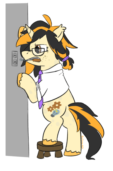 Size: 1315x1978 | Tagged: safe, artist:_butterscotch, derpibooru import, oc, oc:gear sparks, unofficial characters only, pony, unicorn, clothes, female, freckles, horn, image, mane tie, mechanic, necktie, outlet, png, screwdriver, shirt, solo, stool, unshorn fetlocks